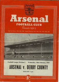 Arsenal v Derby County on 18 February 1953 - Football Programme